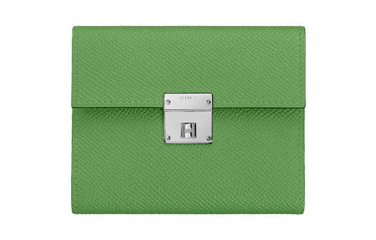 HERMES Clic Silver Tone Buckle Epsom Calfskin Wallet Mini Women's 3I Vert Criquet Avocado Green