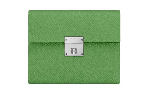 HERMES Clic Silver Tone Buckle Epsom Calfskin Wallet Mini Women's 3I Vert Criquet Avocado Green