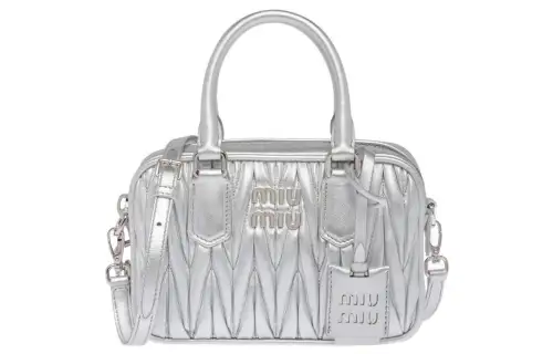 MIU MIU Matelassé Soft Sheep Leather Bowling Bag, Shoulder Bag, Crossbody Bag, Handbag Women's Silver