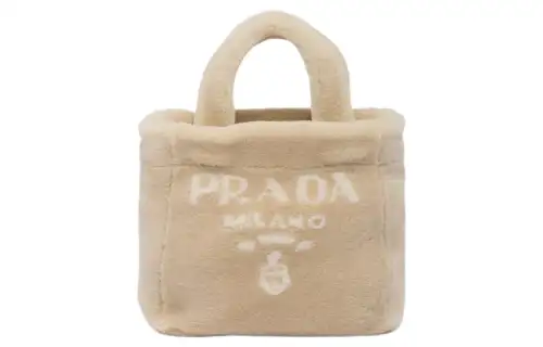 PRADA Shearling Plush Tote Bag, Shopping Bag, Shoulder Bag, Crossbody Bag, Handbag Women's Beige