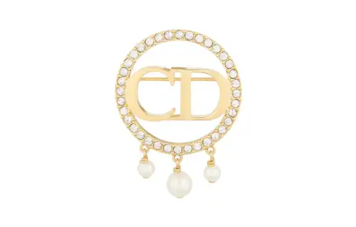 Dior 2000-2015 Gold Plated Faux Pearl and Rhinestone Cd Logo Round Brooch costume brooch