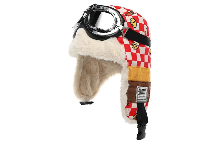 FREE RABBITⅡ Checkerboard Cycling Fleece Lined Cute Ear Protection Outdoor Thermal Trapper Hats Unisex