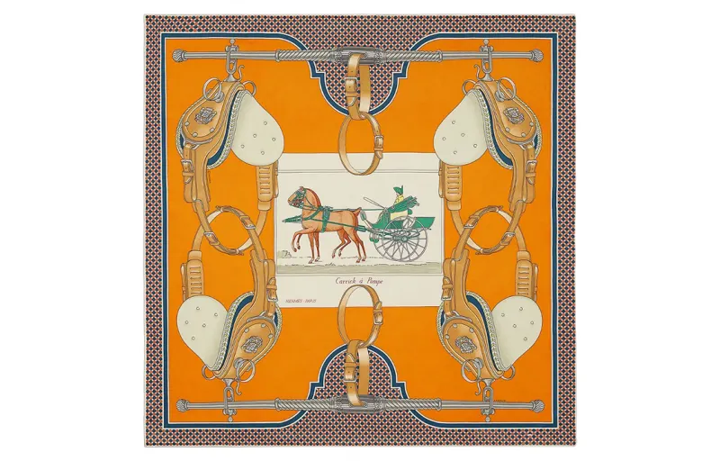 HERMES Carrick A Pompe Silk Scarf Women's Orange