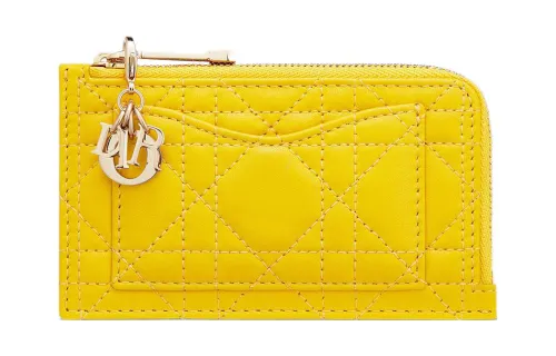 DIOR Lady Dior Quilting Wicker Pattern Lambskin Card Holder Women's Yellow