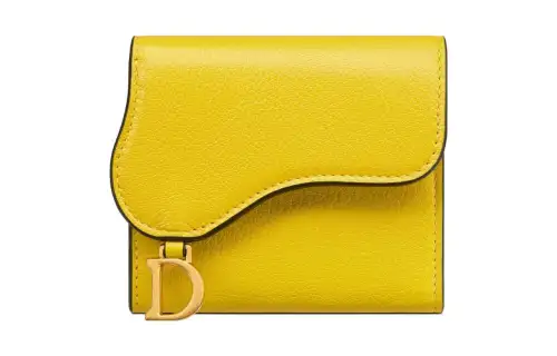 DIOR Saddle Goatskin Card Holder Wallet Women's Yellow