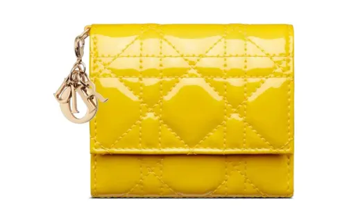 DIOR Lady Dior Patent Leather Calfskin Wallet Women's Yellow