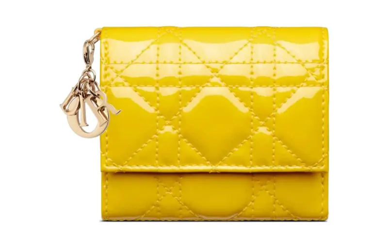 DIOR Lady Dior Patent Leather Calfskin Wallet Women's Yellow