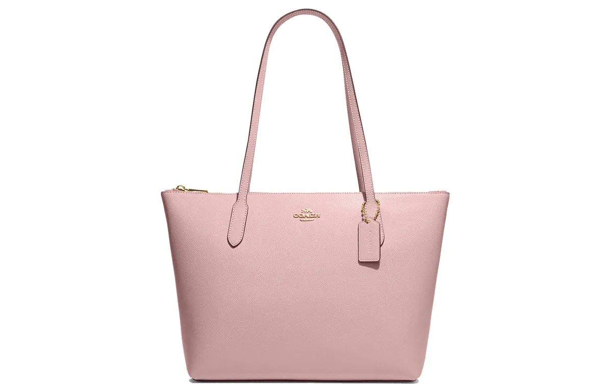 COACH Zip Top Tote Cross Grain Leather Handbag, Shoulder Bag Women's Pink