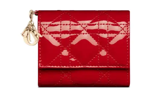 DIOR Lady Dior Patent Leather Calfskin Wallet Women's Red