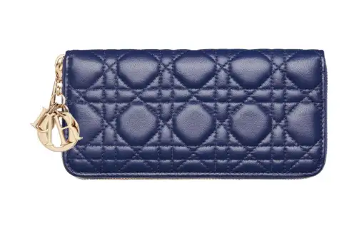 DIOR Lady Dior Quilting Lambskin Clutch Card Holder Wallet Women's Royal Blue
