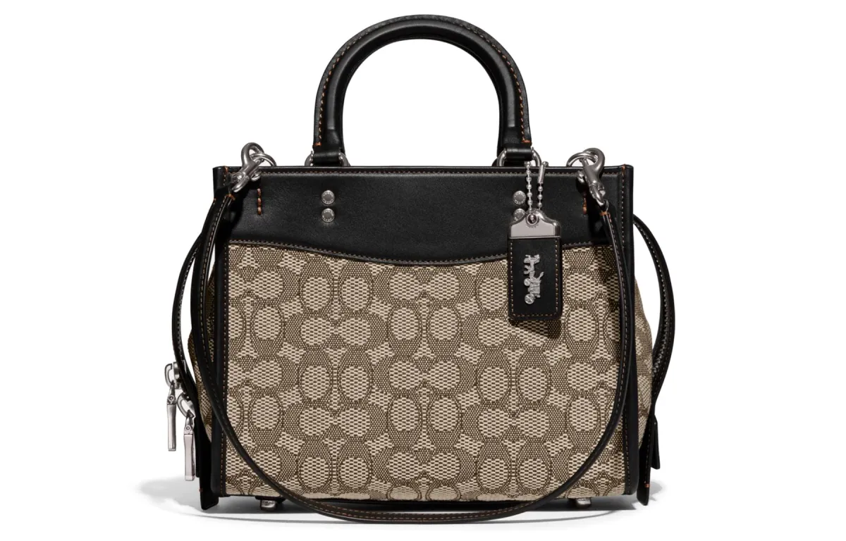 COACH Rogue Fabric With Glove Tanned Leather Shoulder Bag, Crossbody Bag, Handbag Medium Women's Gray & Black