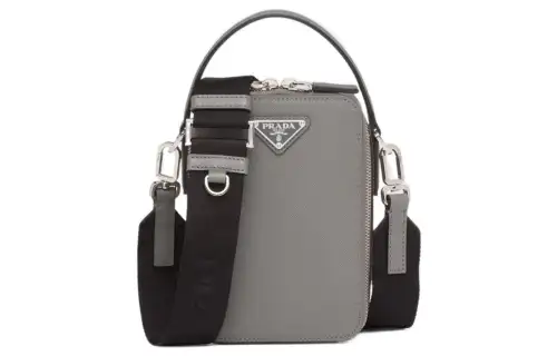 PRADA Brique Saffiano Leather Cell Phone Pouch, Shoulder Bag, Crossbody Bag, Handbag Men's Gray