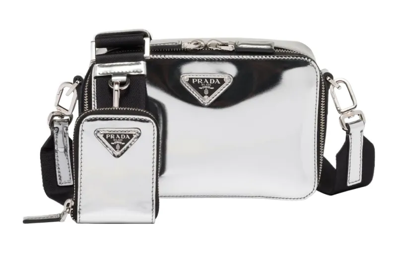 PRADA Brique Leather Messenger Bag, Crossbody Bag, Shoulder Bag Men's Silver