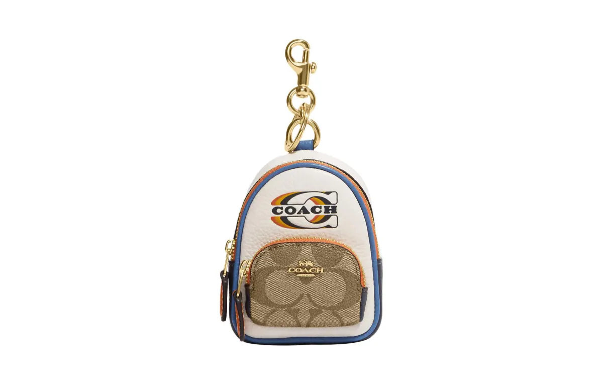 COACH Coated Canvas With Refined Pebbled Leather Bag Charm Bag Merch Mini Women's Khaki & Chalk White