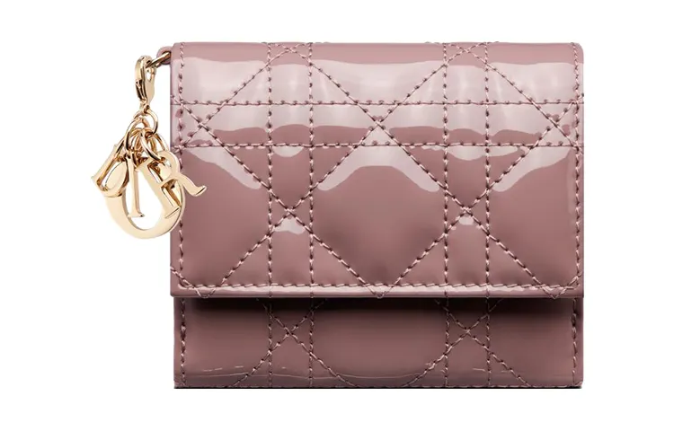DIOR Lady Dior Patent Leather Calfskin Wallet Women's Light Purple