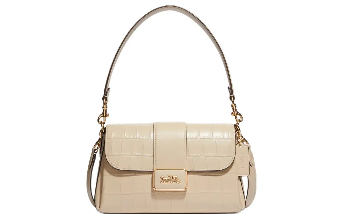 COACH Grace Crocodile Embossed Leather With Leather Shoulder Bag, Portable Crossbody Bag Women's Ivory White
