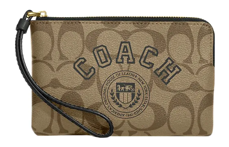 COACH Corner Zip Coated Canvas With Leather Wrist Bag Clutch Small Women's Khaki