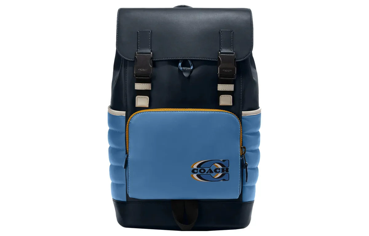 COACH Track Cow Leather With Fabric Backpack Large Men's Midnight Blue & Sky Blue