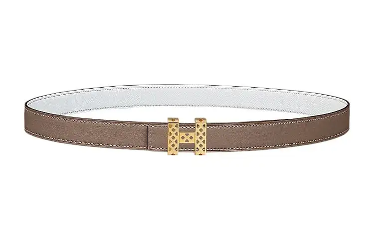 HERMES Garden Party Cow Leather Belts Women's Elephant Gray/White Width 2.4cm