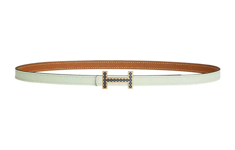 HERMES Medor Cow Leather Belts Women's Bubble Green/Gold Width 1.3cm