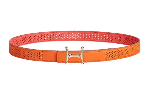 HERMES Mors H Cow Leather, Metal Belts Women's Orange Width 2.4cm