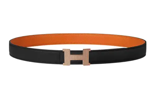 HERMES Mini Constance Cow Leather Belts Women's Black/Orange Width 2.4cm