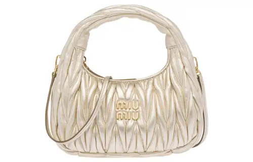 MIU MIU Wander Soft Sheep Leather Hobo Bag, Crescent Bag, Shoulder Bag, Crossbody Bag, Handbag Small Women's Pyrite