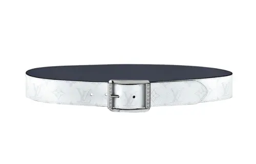 LOUIS VUITTON Cow Leather Canvas Leather Belts Men's White/Blue Width 4cm