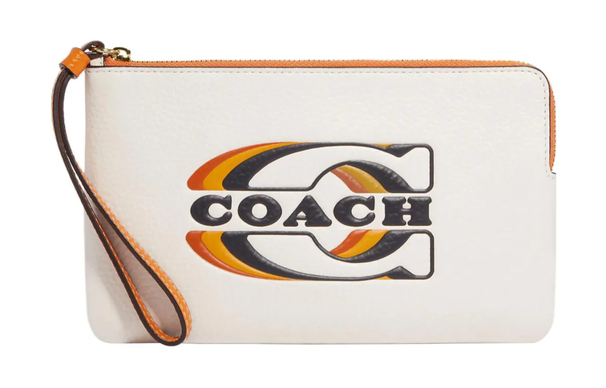 COACH Corner Zip Cow Leather Clutch Wrist Bag Large Women's Chalk White