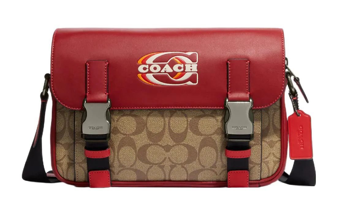 COACH Track Coated Canvas With Cow Leather Messenger Bag Crossbody Bags Large Men's Red & Khaki