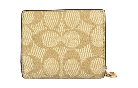 COACH Snap Wallet Iconic Coated Canvas With Smooth Leather Card Holder, Wallet Women's Khaki & Saddle