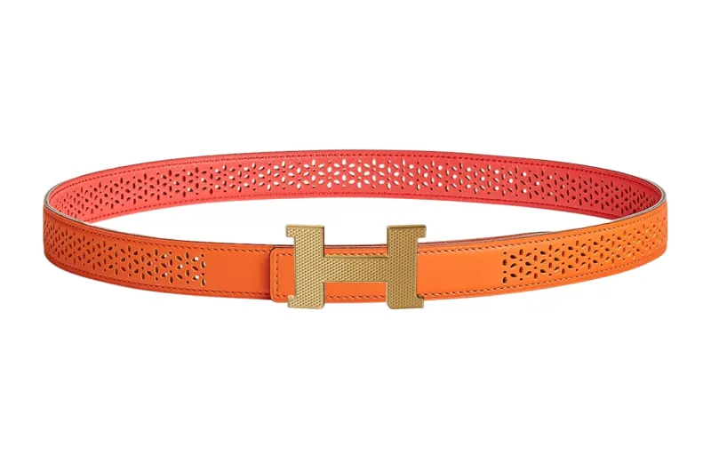 HERMES Epsom Cow Leather Belts Women's Orange Width 2.4cm