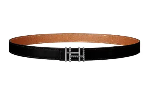 HERMES H Au Carre Cow Leather Belts Women's Black/Brown Width 2.4cm
