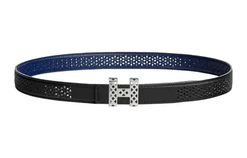 HERMES Garden Party Cow Leather Belts Women's Black/Blue Width 2.4cm
