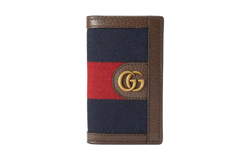 GUCCI Canvas With Leather Trim Business Card Holder, Wallet Card Holder Men's Brown/Blue/Red