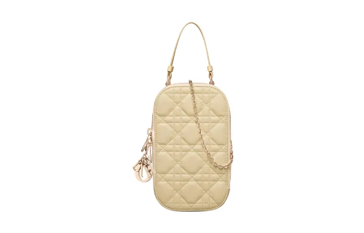 DIOR Lady Dior Wicker Pattern Sheepskin Cell Phone Pouch Women's Light Yellow