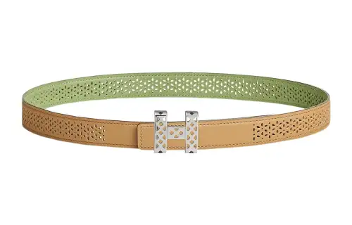 HERMES Garden Party Cow Leather Belts Women's Green Width 2.4cm