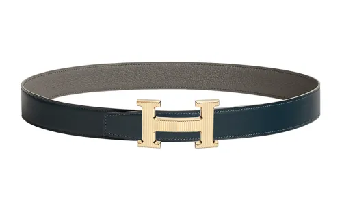 HERMES H Stripes Cow Leather Belts Women's Marine Blue Width 3.2cm