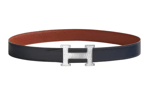HERMES H Martelee Cow Leather Belts Women's Blue Width 3.2cm