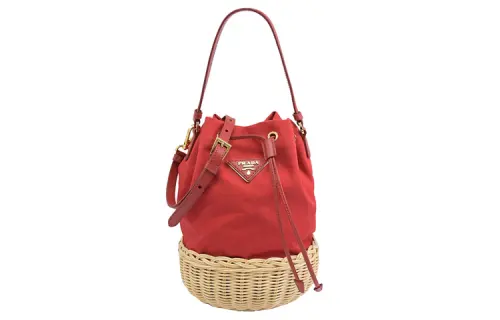 PRADA Drawstring Closure Canvas Straw Woven Bucket Bag, Portable Crossbody Bag, Shoulder Bag Regular Women's Red