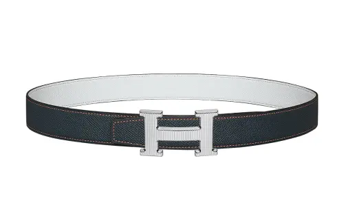 HERMES H Stripes Calfskin Leather Belts Women's Dark Blue/White Width 3.2cm
