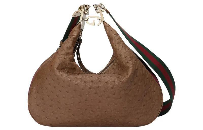 GUCCI Attache Ostrich Leather Dumpling Bag, Crossbody Bag, One Shoulder Bag, Handbag Large Women's Light Brown