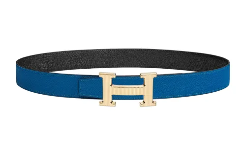 HERMES H Stripes Cow Leather Belts Women's Blue/Black Width 3.2cm