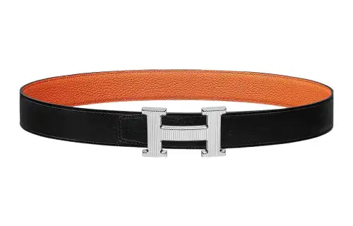 HERMES H Stripes Cow Leather Belts Women's Black Width 3.2cm