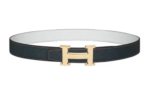 HERMES H Stripes Cow Leather Belts Women's Dark Blue Width 3.2cm