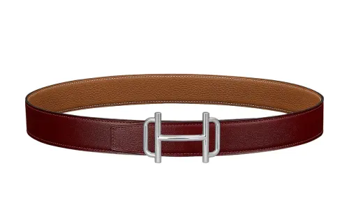 HERMES Royal Togo Calfskin Double Sided Leather Belt Leather Belts Women's Red/Brown Width 3.2cm