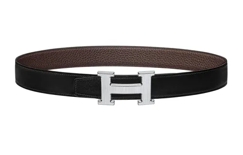 HERMES H Stripes Cow Leather Belts Women's Black/Brown Width 3.2cm