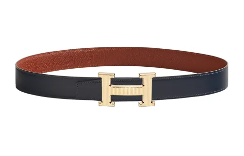 HERMES H Stripes Cow Leather Belts Women's Width 3.2cm