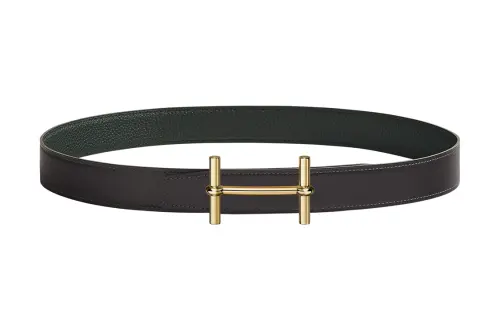 HERMES Ancre Cow Leather Belts Women's Black/Dark Green Width 3.2cm