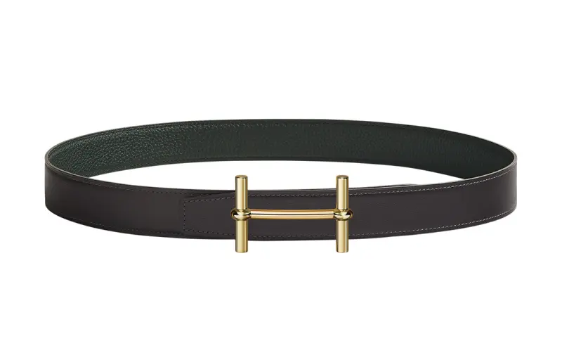 HERMES Ancre Cow Leather Belts Women's Black/Dark Green Width 3.2cm